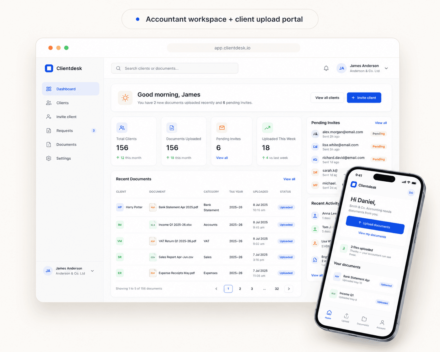 Accountant workspace + client upload portal — Clientdesk dashboard with a mobile client upload portal